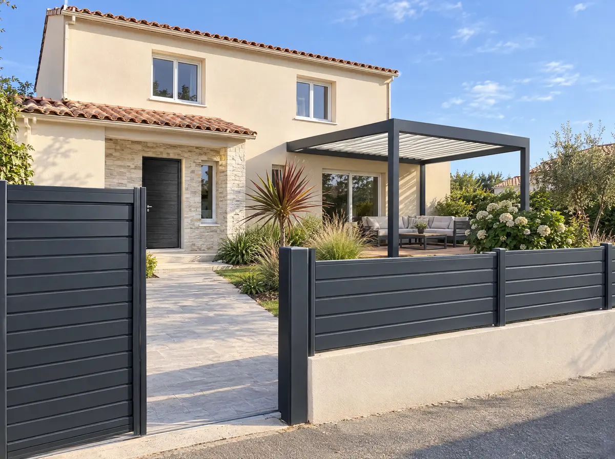 Maison beige à étage avec un portail coulissant gris anthracite ouvert et sa clôture assortie, une porte d'entrée noire en aluminium au bout de l'allée et une pergola bioclimatique sur la terrasse