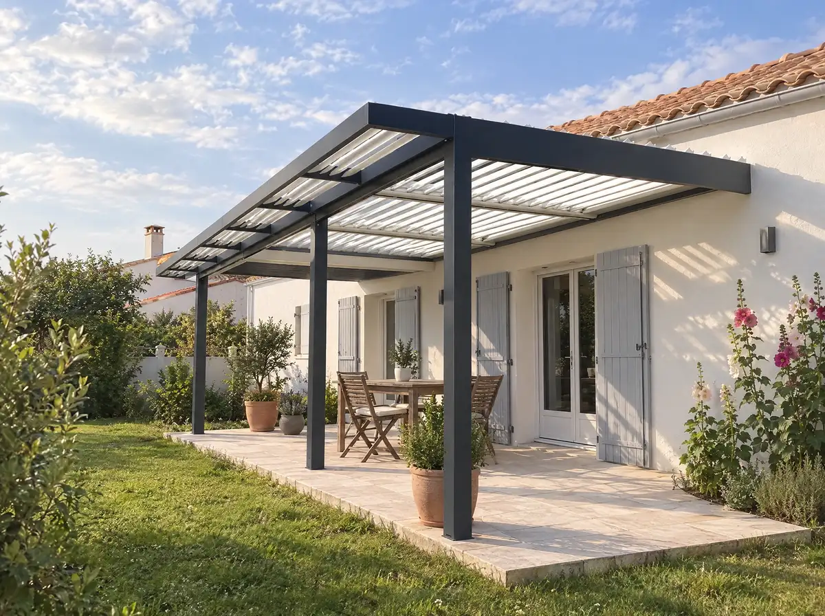 Pergola bioclimatique en aluminium gris anthracite à lames orientables, adossée à une maison blanche aux volets gris, au-dessus d'une terrasse dallée avec table et chaises