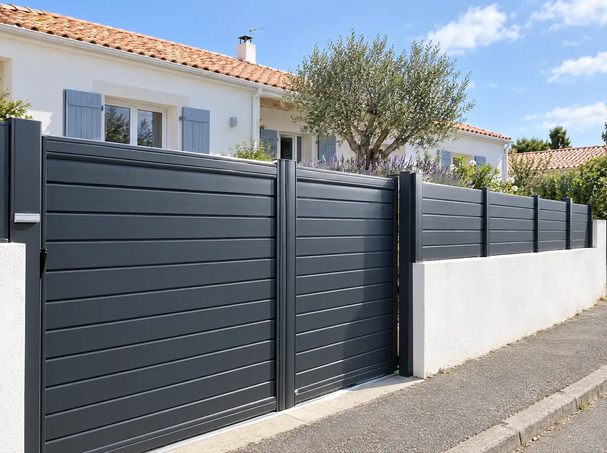 Portail coulissant en aluminium gris anthracite à lames horizontales et clôture assortie sur un muret blanc, devant une maison au toit de tuiles